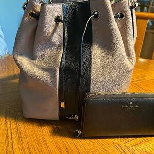 kate spade Two-Tone Leather Drawstring Bucket Bag in Taupe & Black